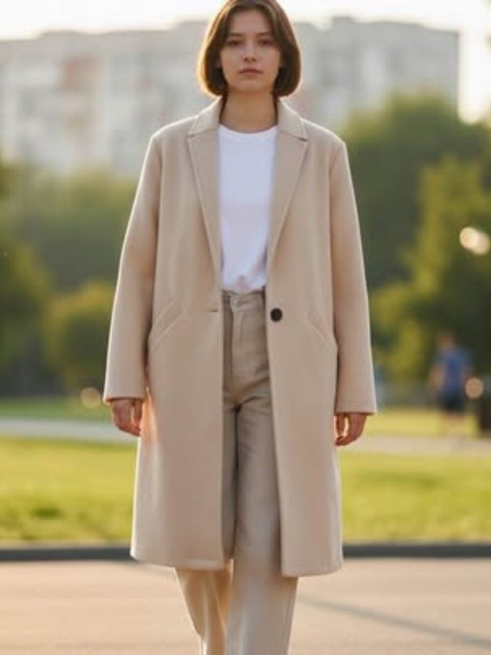 Beige Women's Single-Breasted Trench-Style Coat with Notch Lapels